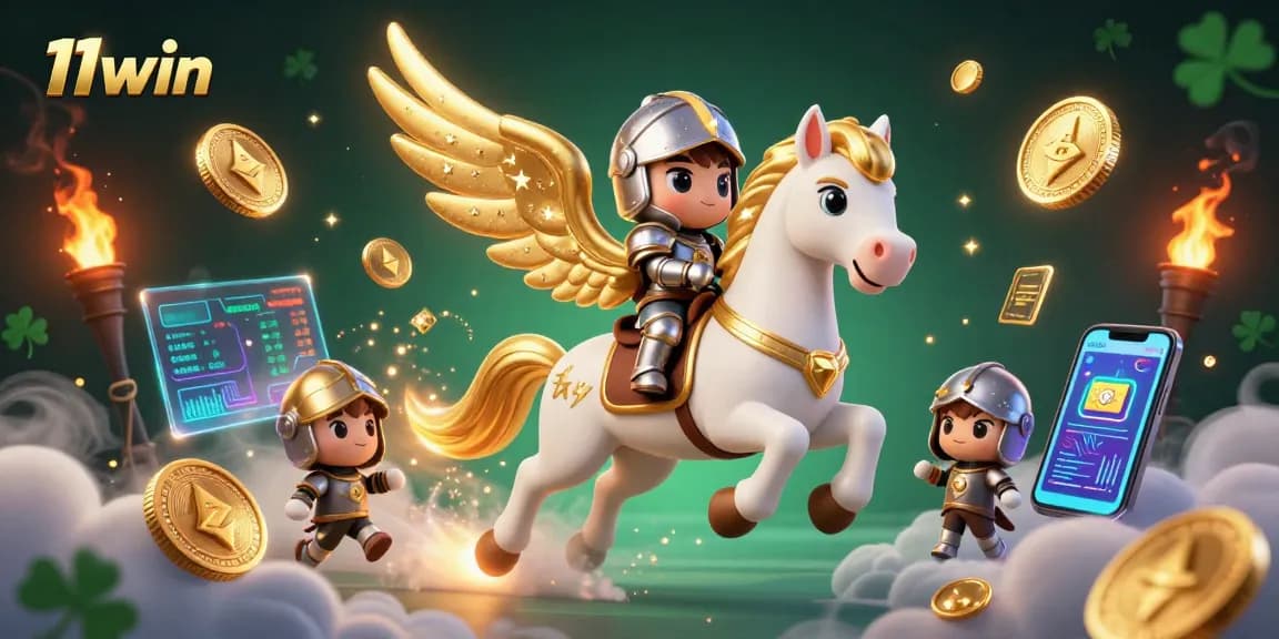 Experience thrilling gameplay with 11win as a celestial knight rides a cosmic horse amidst coins and blockchain elements.