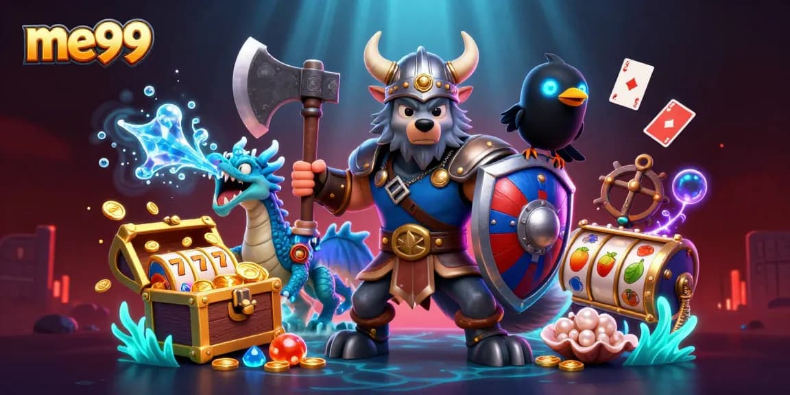 Engage with me99's dynamic scene of a Viking wolf and fierce dragon amidst exciting gaming elements.