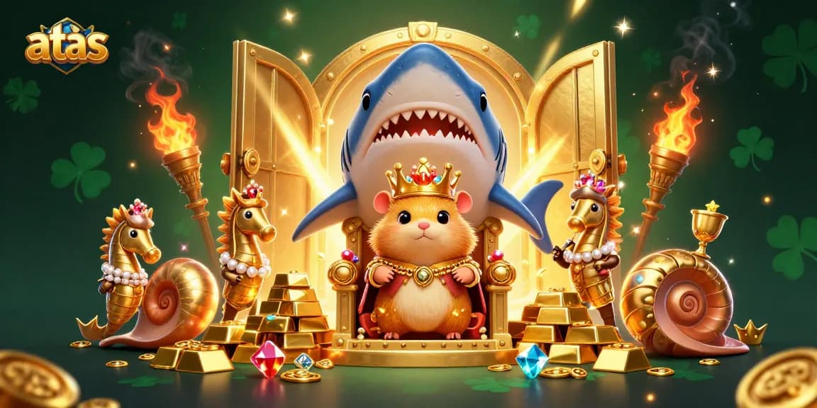 Spin your luck at atas casino with a golden hamster king ruling over treasure and slots!