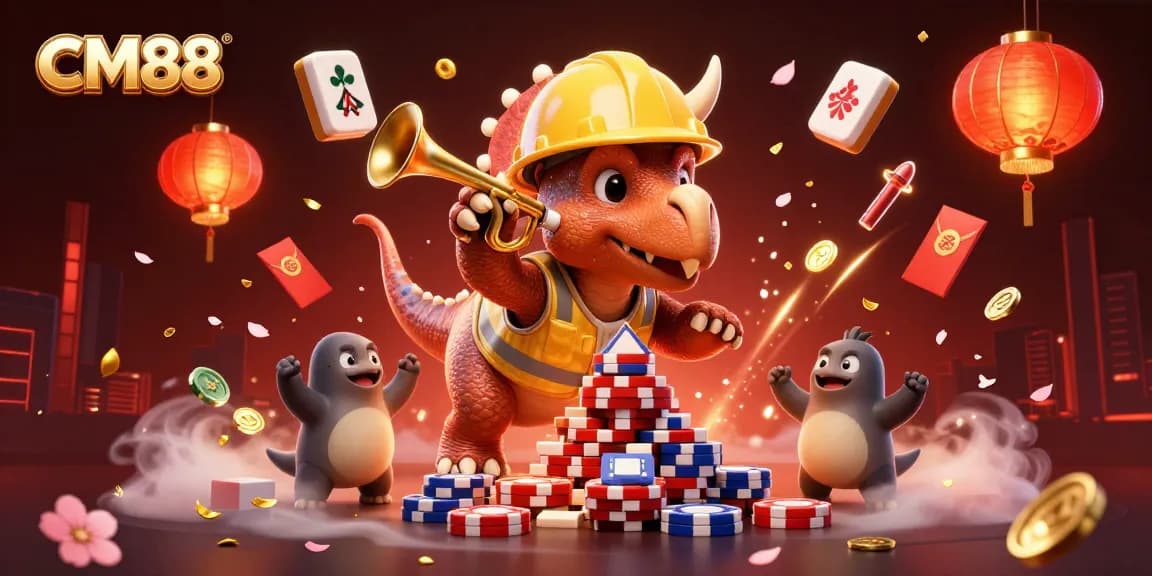 CM88 showcases a vibrant casino scene with a triceratops and parasaurolophus in a festive celebration.