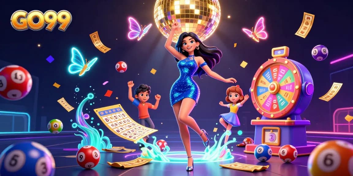 Experience excitement with GO99 in a vibrant casino illustration featuring dynamic lottery elements.