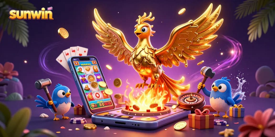 Win big at sunwin with a molten gold phoenix and vibrant casino games surrounding it.