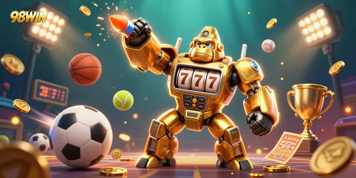 Experience the thrill of 98WIN with golden gorilla mech and dynamic betting elements.