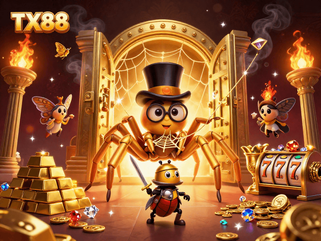 Engage in thrilling casino action with TX88, featuring a golden tarantula, beetle knight, and dazzling treasures.