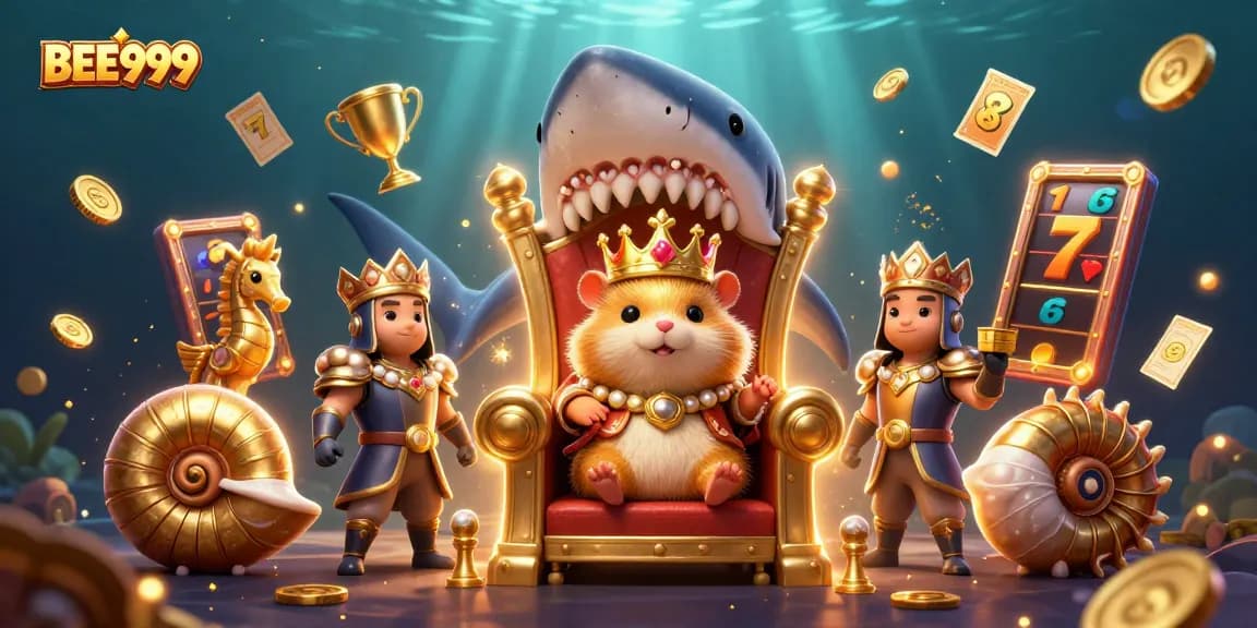 BEE999 captivates with a vibrant casino scene featuring a golden hamster king and dynamic slot elements.