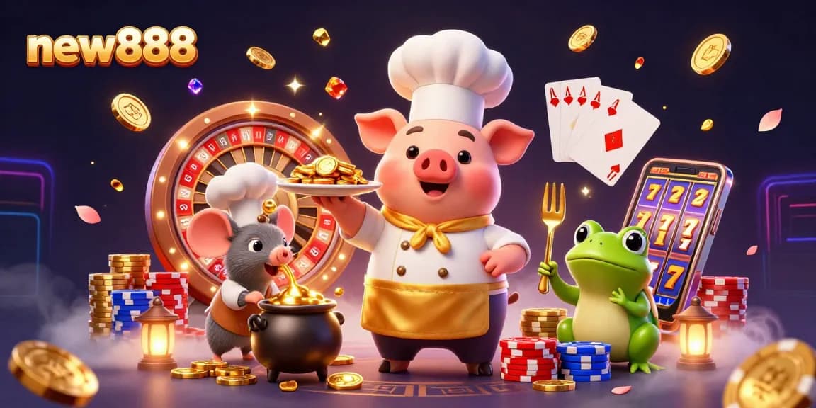 Experience the excitement of new888, as a chef pig serves gold coins amidst sparkling casino elements.