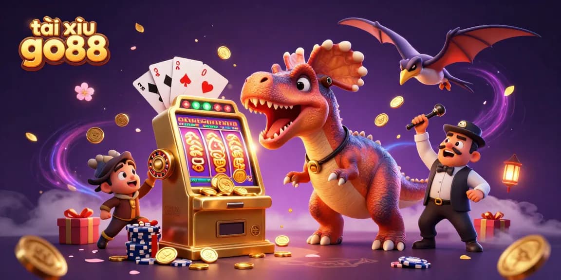 Tài xỉu go88 dynamic scene with dino characters, slot machine, and gold coins flying