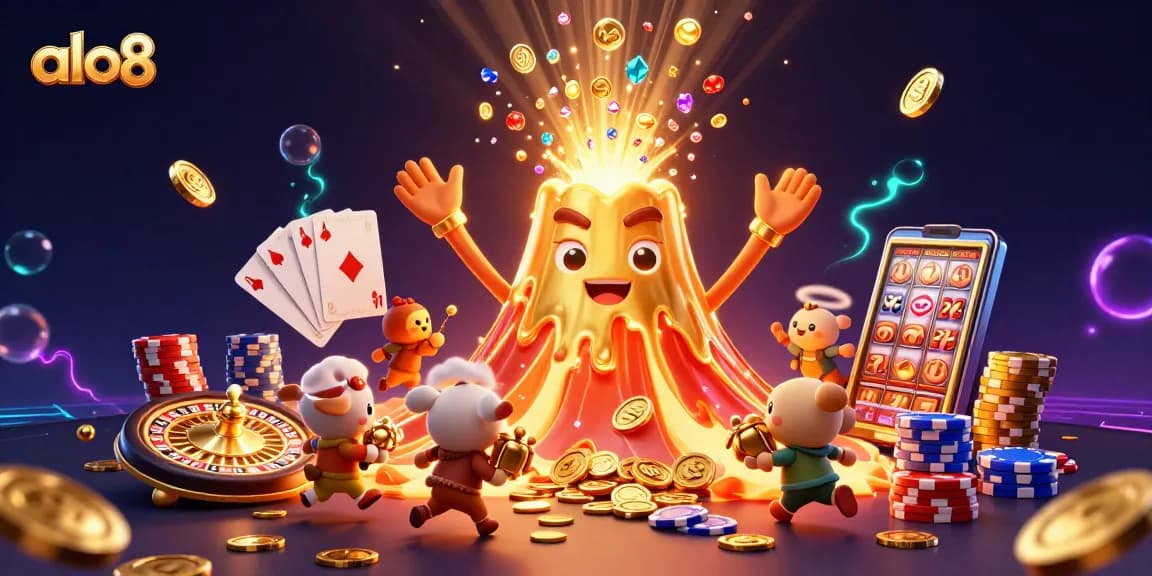 Win big at ALO8 with this vibrant illustration showcasing a golden volcano erupting riches and thrill.