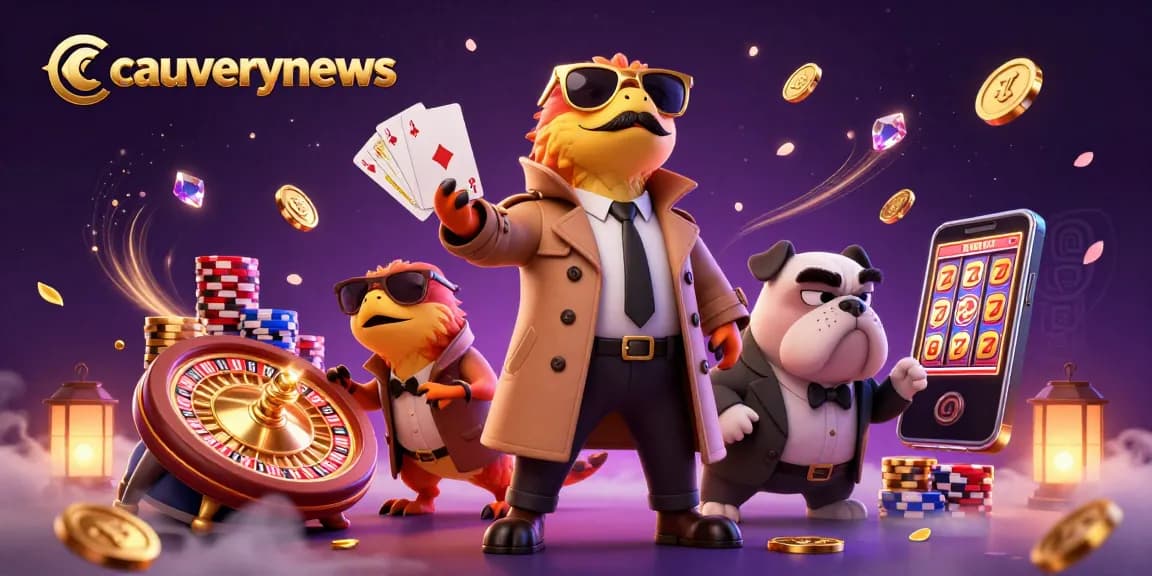 Experience gaming thrills at cauverynews with raptors entering a VIP lounge amid flying coins and vibrant casino elements.