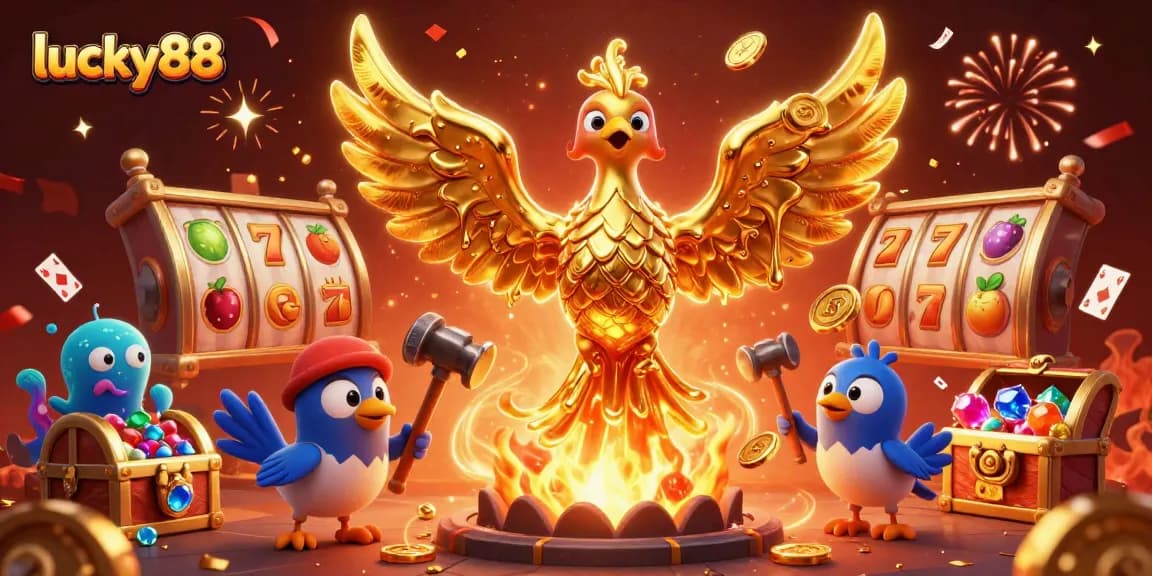 Engage with lucky88's thrilling casino adventure, capturing a golden phoenix amidst vibrant gaming elements.