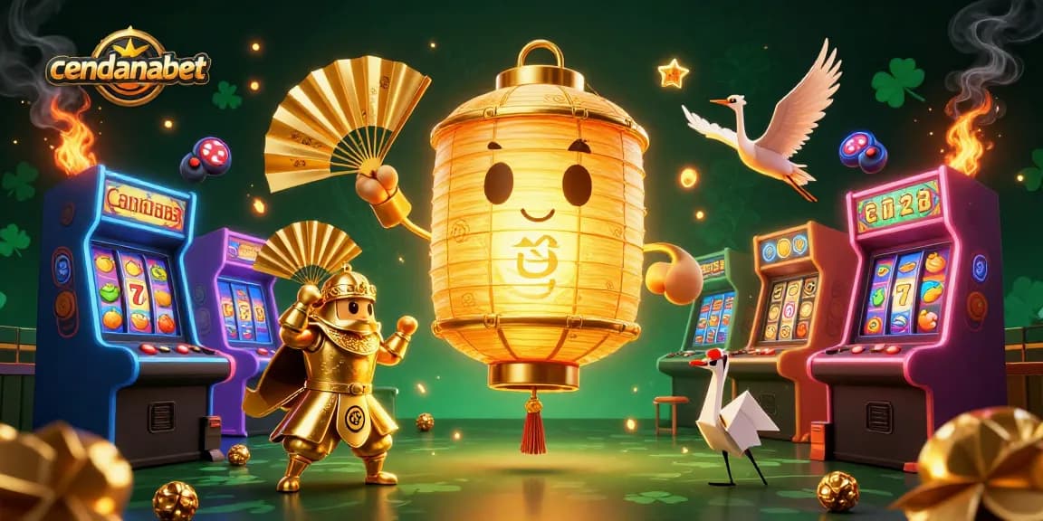 Cendanabet captures the excitement of online slots with immersive golden lantern spirits and vibrant arcade elements.