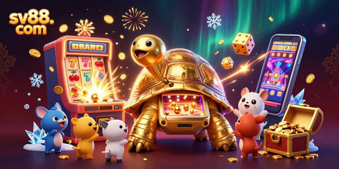 Experience thrilling gaming at sv88. com with an exciting jackpot scene featuring a golden tortoise pinball machine and fun casino elements.