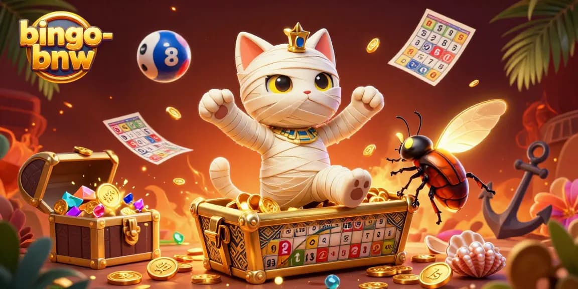 bingo-bnw celebrates a vibrant gaming experience with a mummy cat and glowing scarab in an energetic bingo scene.