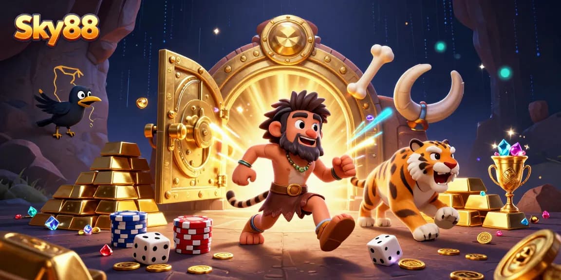 Experience thrilling games at Sky88 with a dynamic vintage casino scene filled with treasure and excitement.
