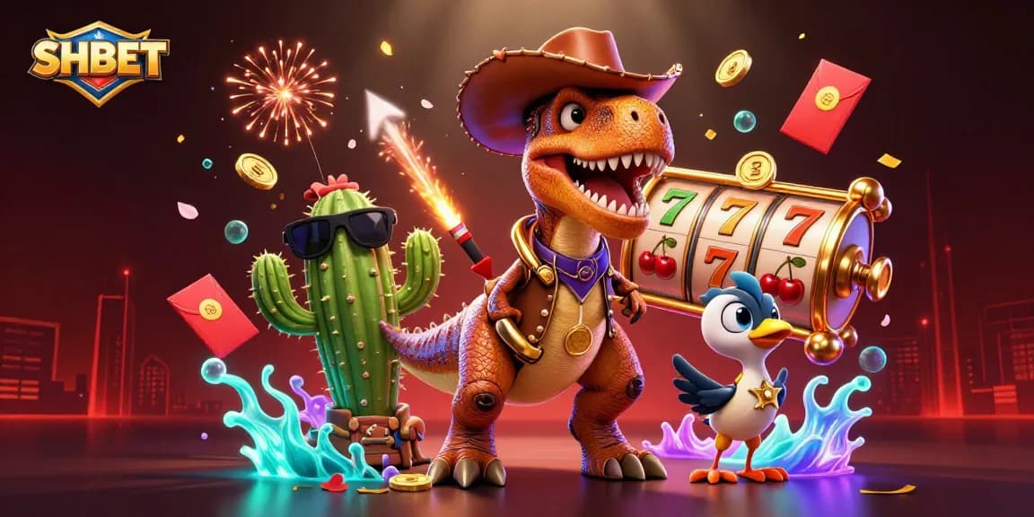 Experience thrilling slots at SHBET with animated characters and vibrant casino elements.