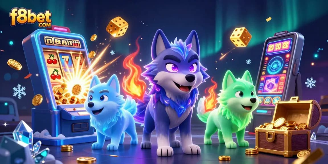 Experience gaming excitement with f8bet COM's luminous characters amidst a jackpot explosion and casino elements.