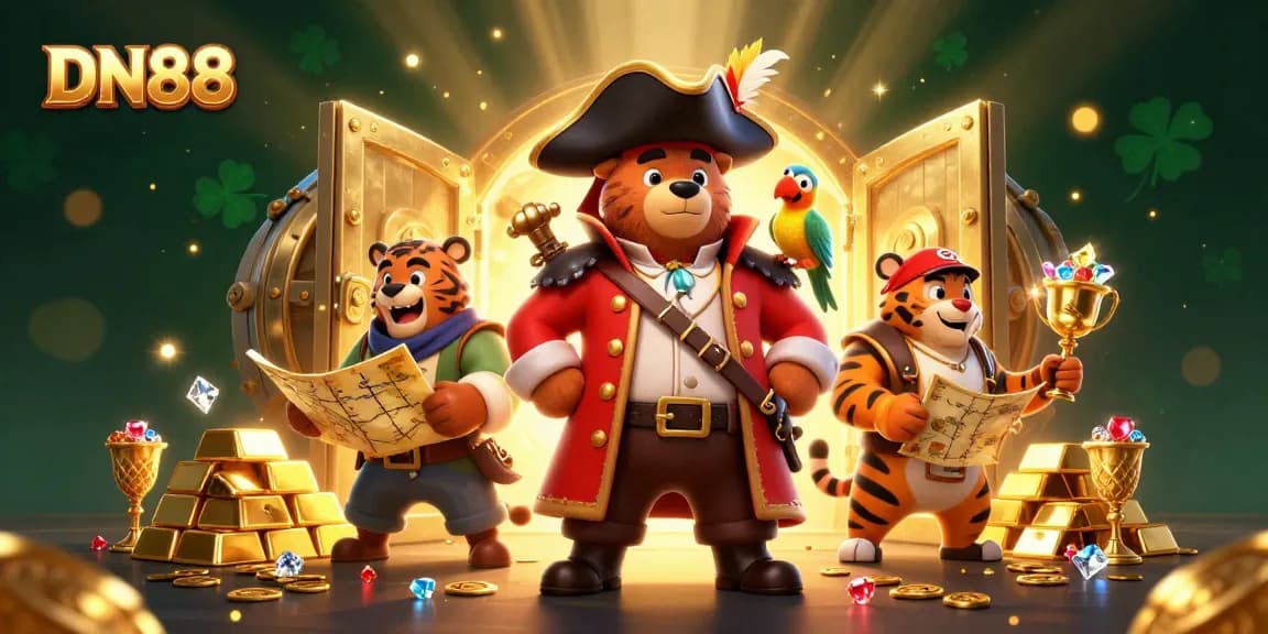 Engage in thrilling gaming action at DN88 with pirates and treasures in a vibrant casino scene.