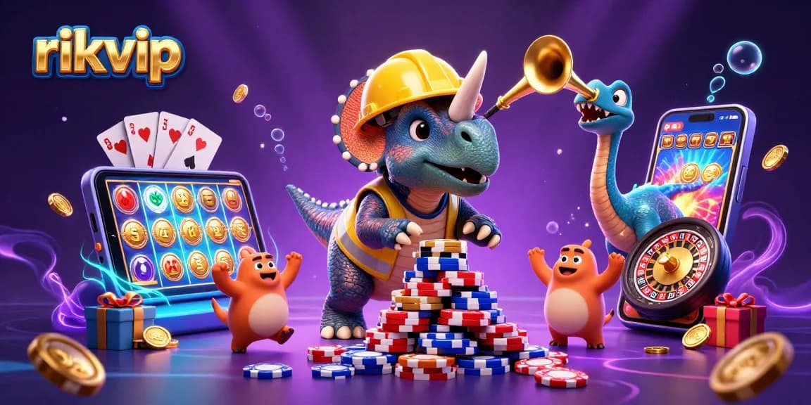 rikvip celebrates with a triceratops building poker chips amidst vibrant casino elements
