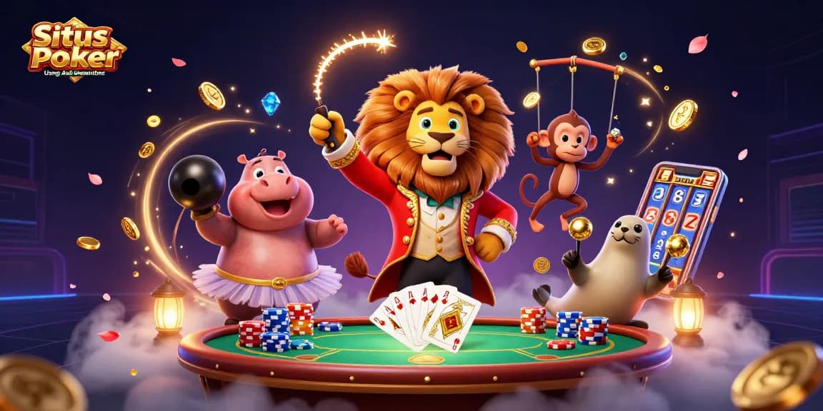 Situs Poker Uang Asli Dewapoker: Engage in thrilling poker action amidst a vibrant circus atmosphere.