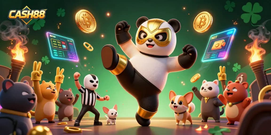 CASH88 engages players with a dynamic showcase of a wrestling panda and chihuahua referee amidst exciting casino elements.