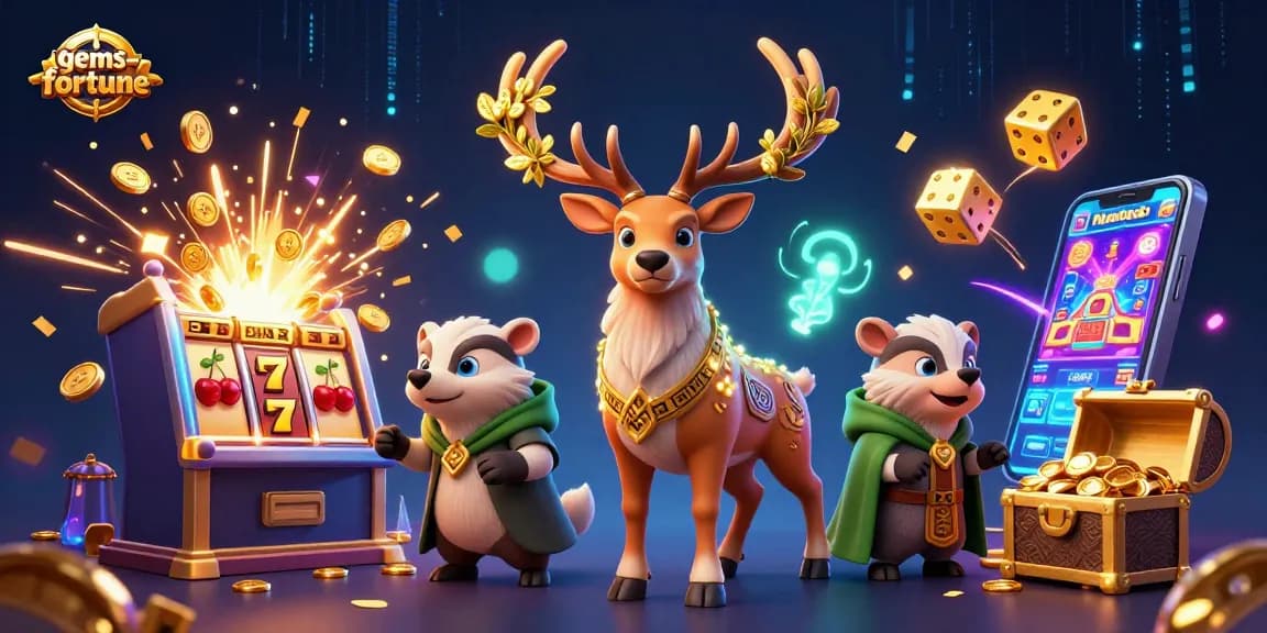 Engage with gems-fortune featuring a 3D druid stag amidst a dynamic casino scene and exploding slot machine.