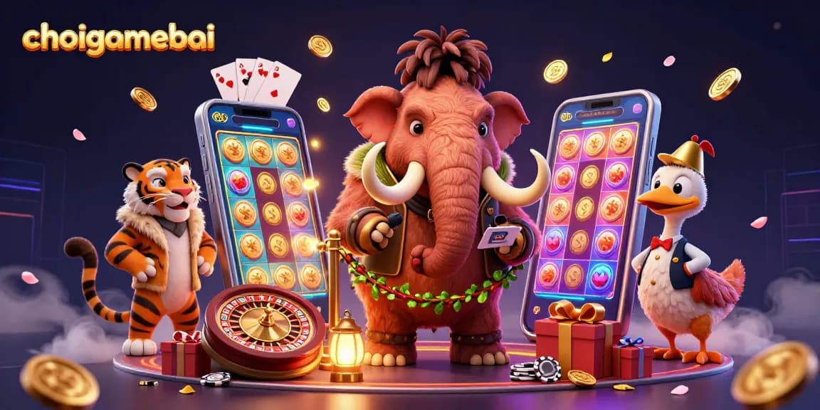 Experience the thrill at choigamebai with mammoth bouncers checking IDs while vibrant casino elements surround them.