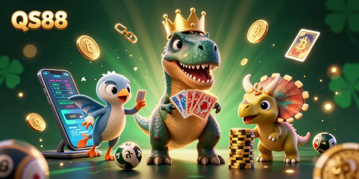 Experience the excitement of QS88 with vibrant 3D characters playing cards and stacking chips in a lively casino setting.