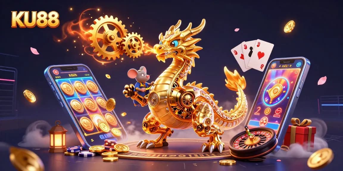 Engage with KU88 through an energetic 3D casino scene showcasing dynamic gameplay elements.