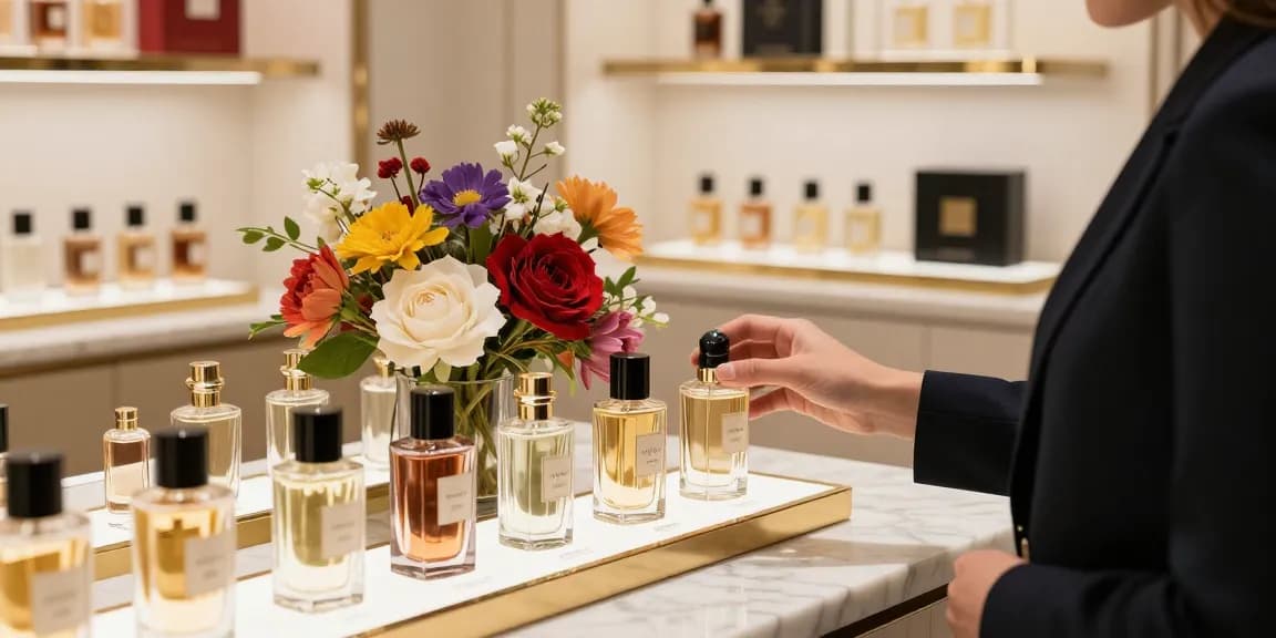 Explore Ex Nihilo fragrances in a chic boutique with elegant displays and floral accents.