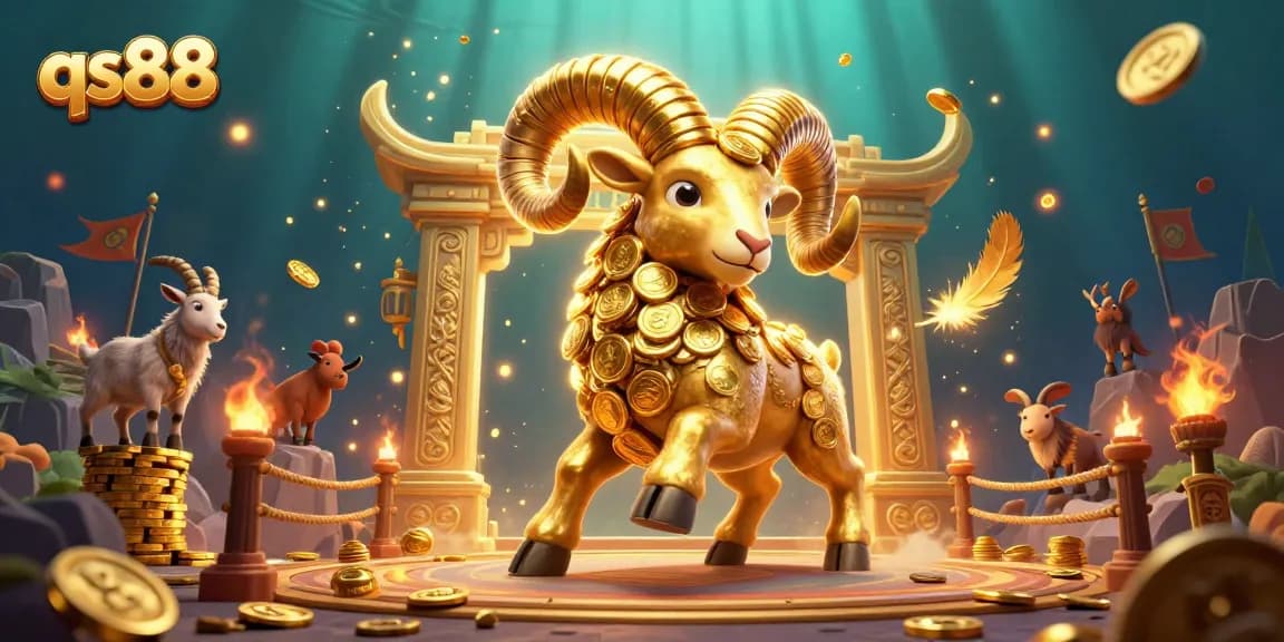 Experience the thrill of qs88 with a dynamic illustration of a golden ram charging into an exciting casino scene.