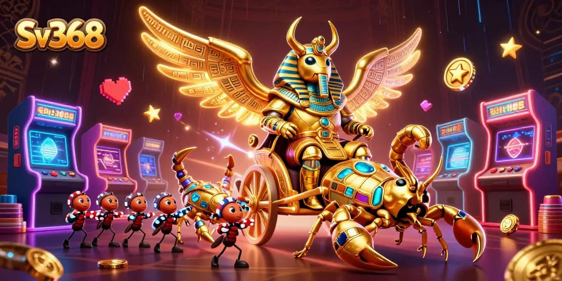 Experience the excitement of Sv368 as the golden beetle leads a vibrant casino scene filled with gaming action.