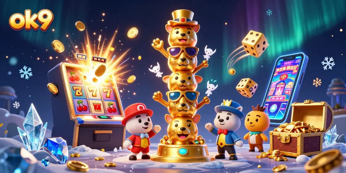 Celebrate big wins with ok9's colorful casino atmosphere featuring a dynamic 3D totem and jackpot symbols.