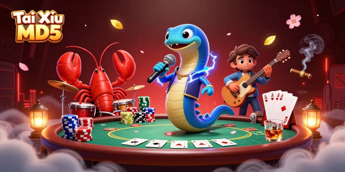 Tài Xỉu MD5 showcases thrilling gameplay with an electric eel DJ and vibrant casino elements.