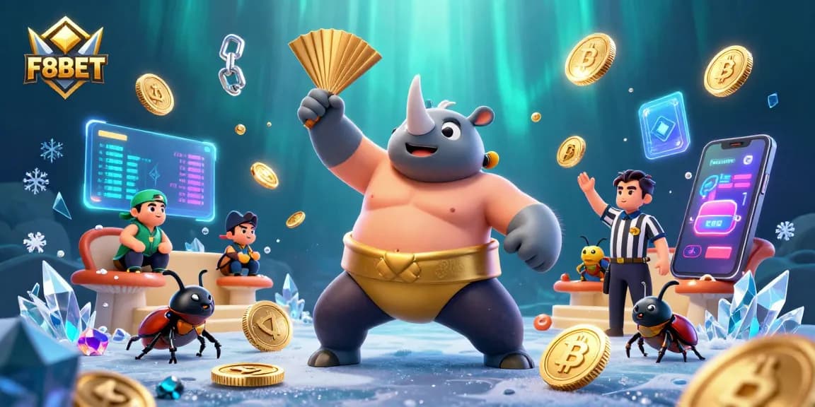 Experience thrilling gameplay at F8BET with a dynamic illustration of a sumo champion beetle and crypto elements.