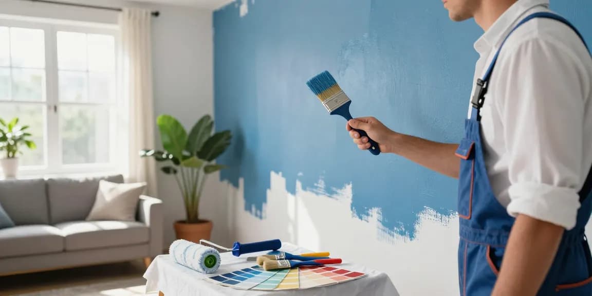 lincoln painter and decorator transforming a cozy living room with fresh blue paint, showcasing craftsmanship and attention to detail