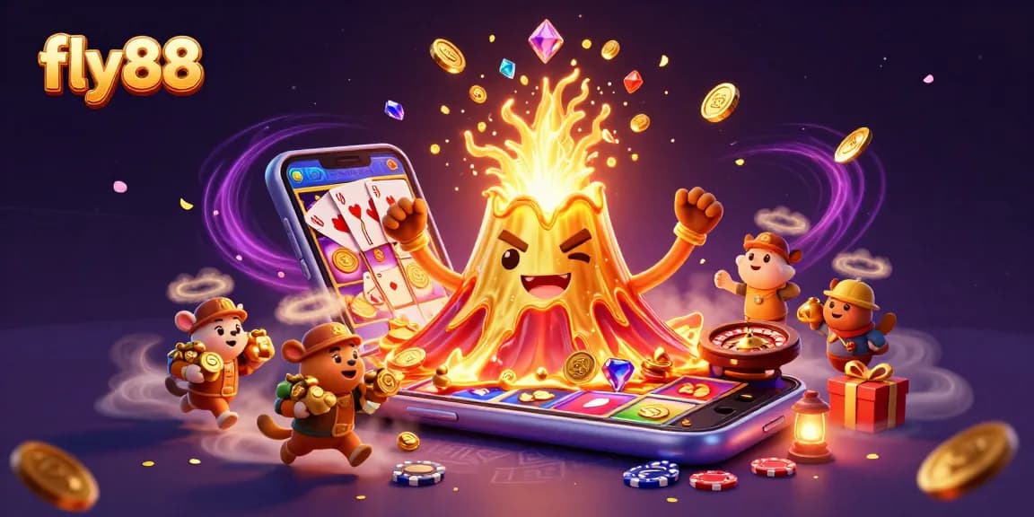 Experience the excitement of fly88 with a vibrant scene filled with treasures, games, and adventure.