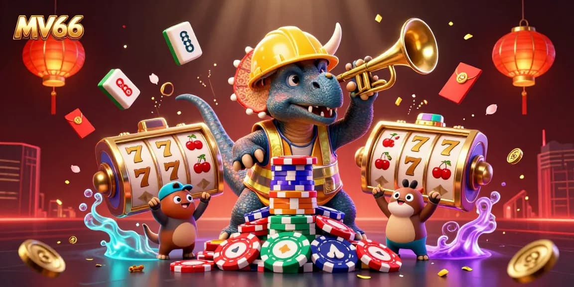 Celebrate your wins with MV66 and vibrant casino elements in this dynamic 3D illustration.