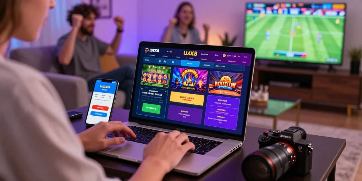 Online gambling scene engaging with LUCK8 on a laptop, showcasing live betting excitement.