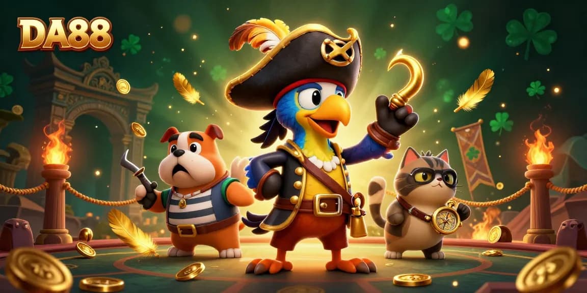 DA88 wins with a pirate captain parrot leading an adventurous casino-themed scene filled with dynamic game elements.