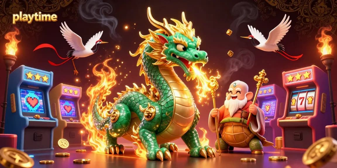 Engage in thrilling gameplay at Playtime, featuring a vibrant casino scene with colorful slot machines and a majestic dragon.
