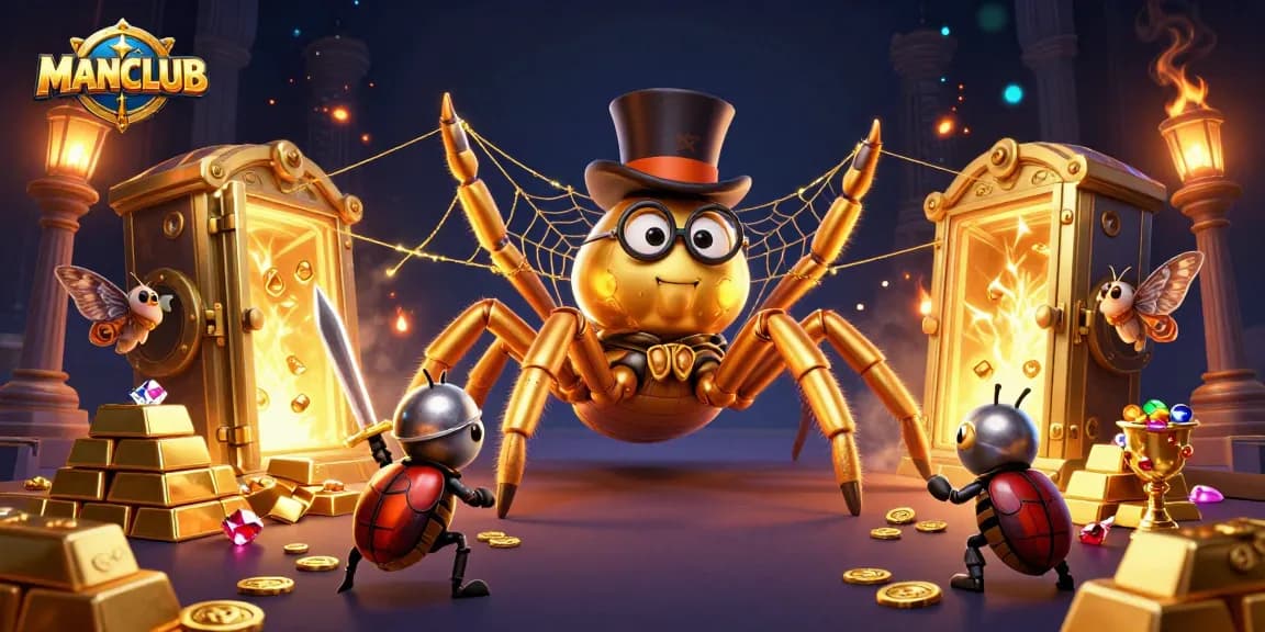Engage in thrilling gameplay at MANCLUB with a cinematic casino scene featuring gold treasures and adventurous characters.