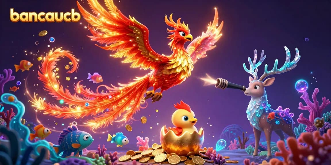 bancaucb features a dynamic underwater scene with a phoenix and treasures flying in a vibrant aquatic world.