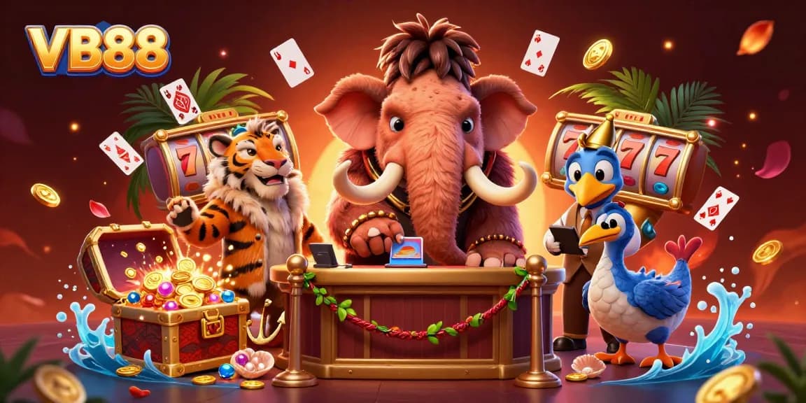 Experience the excitement of VB88 with a dynamic casino scene featuring vibrant characters and games.