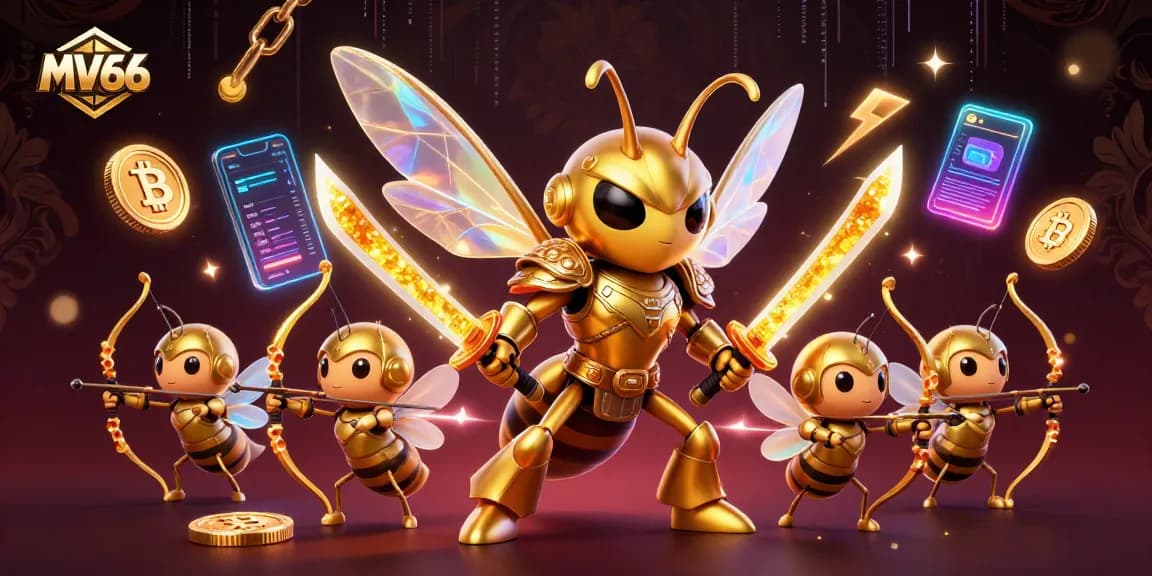 MV66 presents an exciting casino scene with a golden hornet and crypto elements.