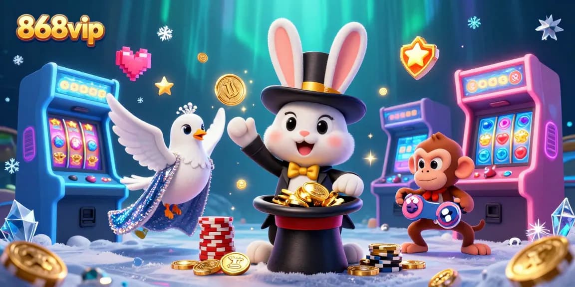 Engage in thrilling casino experiences with 868vip featuring magical scenes of a rabbit, dove, and monkey.