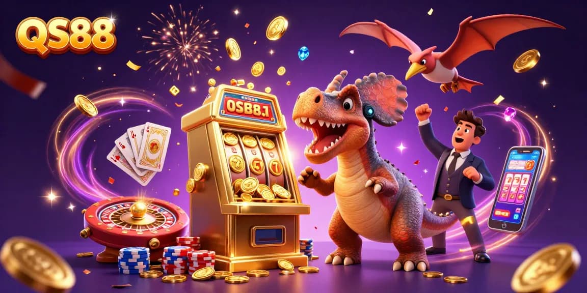 Experience excitement at QS88 as a dinosaur wins jackpots, surrounded by casino thrills.