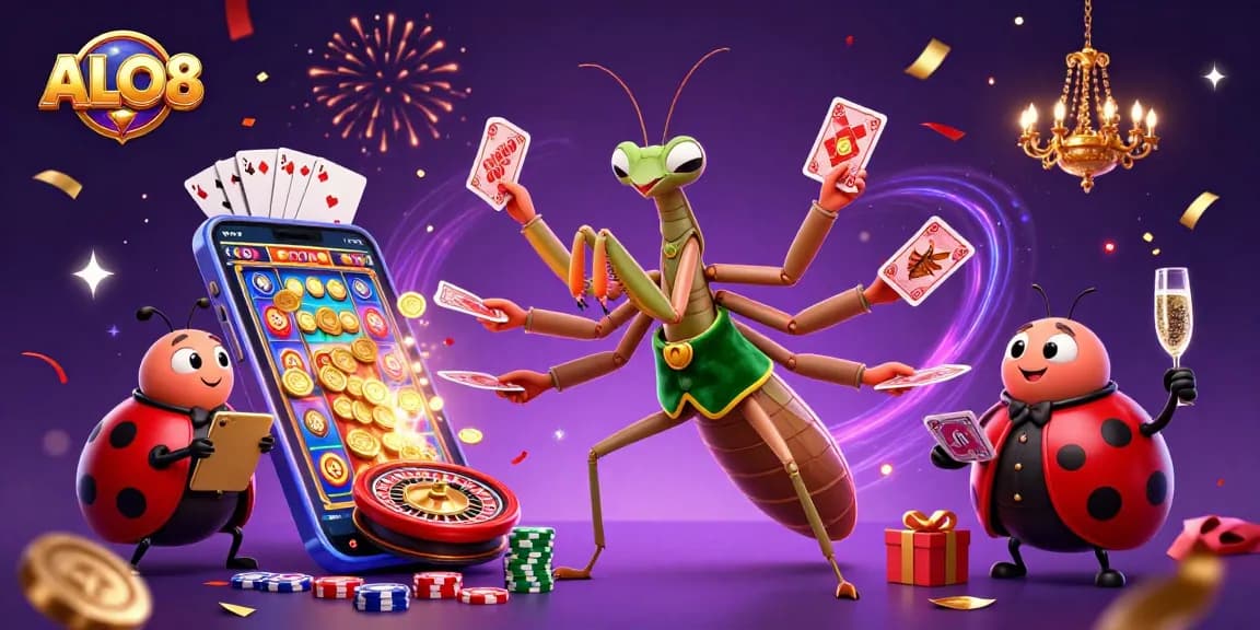 ALO8 showcases a lively casino scene with a praying mantis dealer and colorful slot game action.