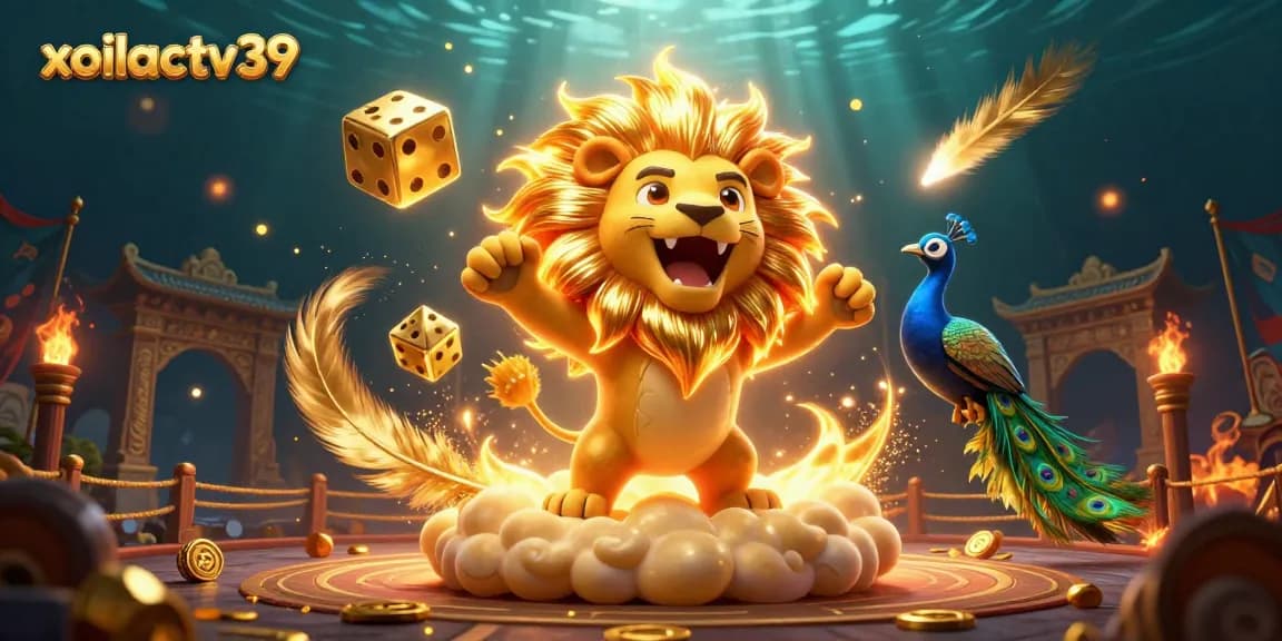 Engage with the vibrant gaming scene of xoilactv39 featuring a roaring lion and dynamic dice.