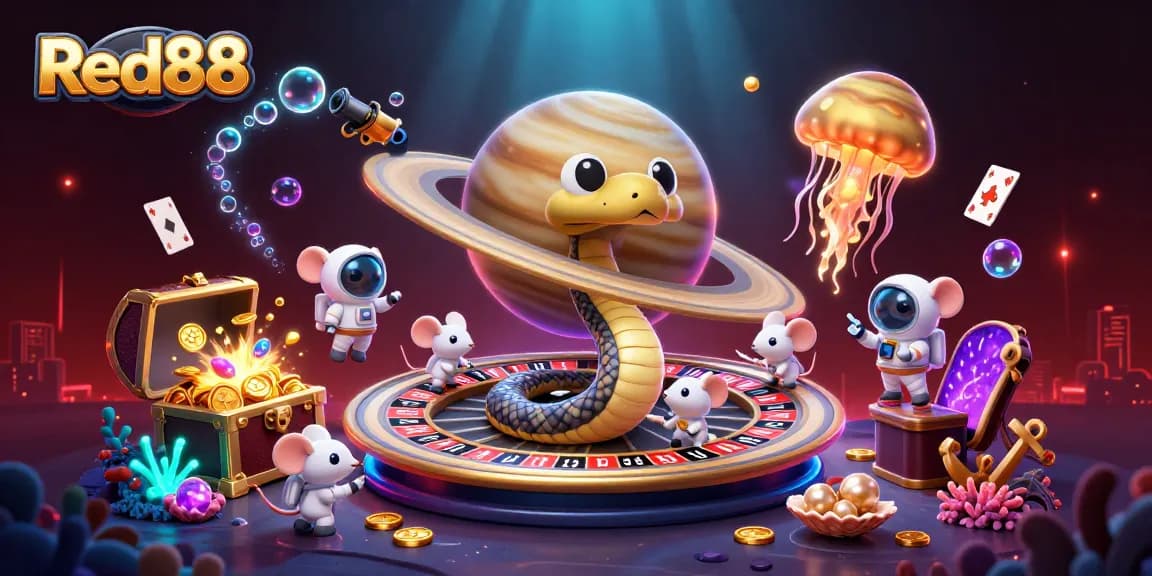 Experience Red88's thrilling betting scene featuring a cosmic roulette and Astronaut mice wagers amidst vivid underwater treasure.