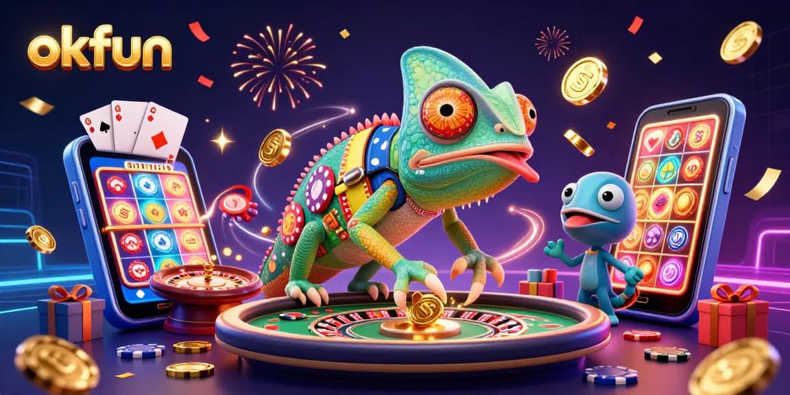 Engage in fun at okfun's vibrant casino scene with a chameleon owner and dynamic games.